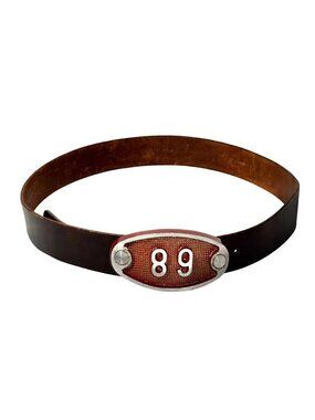 VTG Industrial Upcycled Brown Leather Belt Hydrant Plate 89 Grunge Swiss Sz M